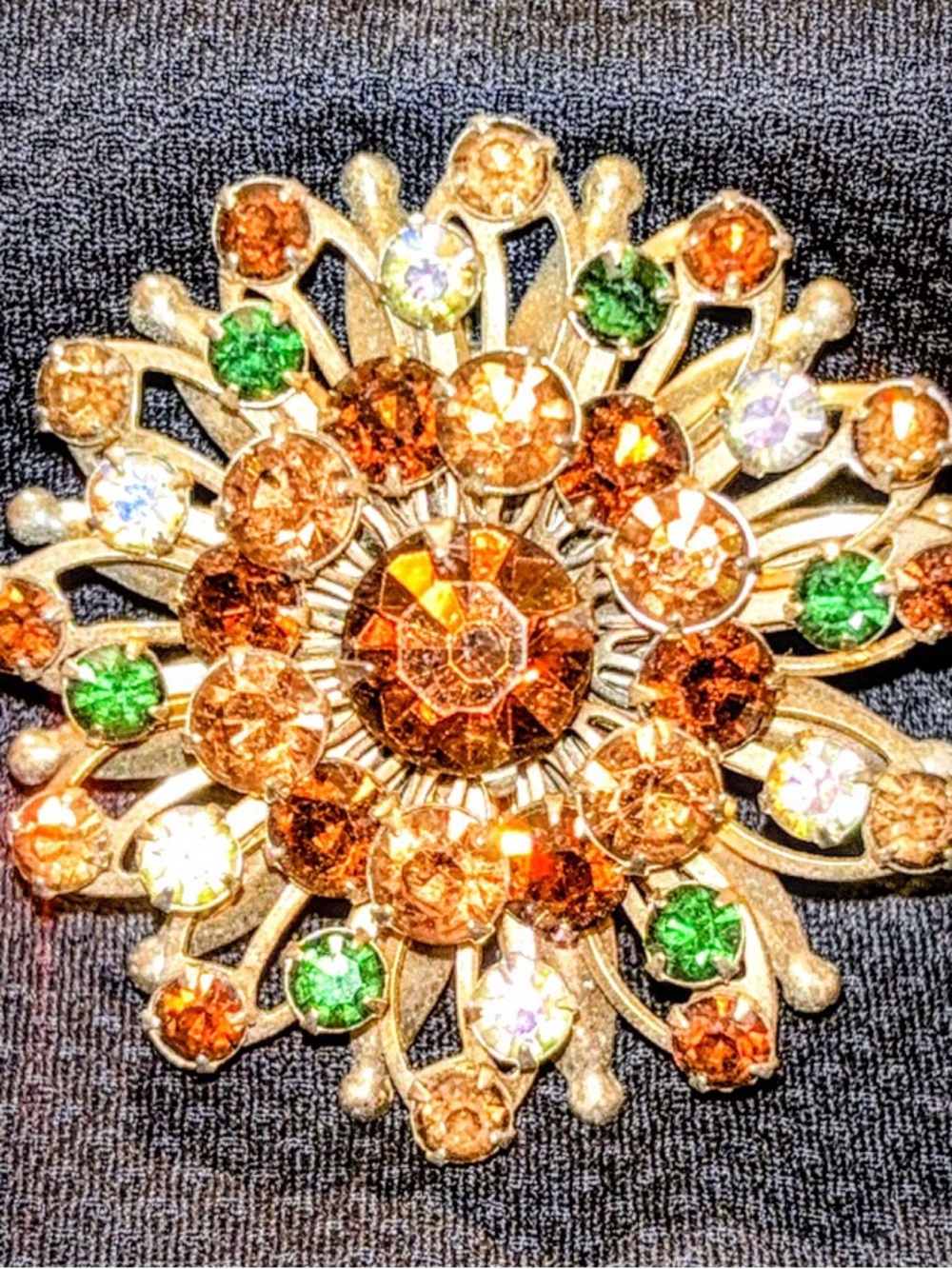 Gold-Tone Brown & Green Crystal Floral Brooch - Unbranded